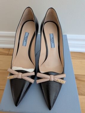 Prada Black Pointed Toe Pumps with Beige Bow